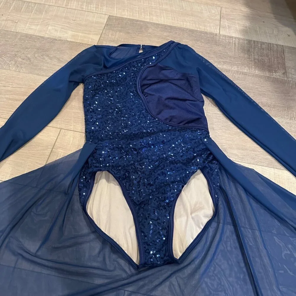 Balera Navy Blue Long Sleeve Dance Costume With Sequin Bodice & Mesh Skirt MA - Picture 2 of 9